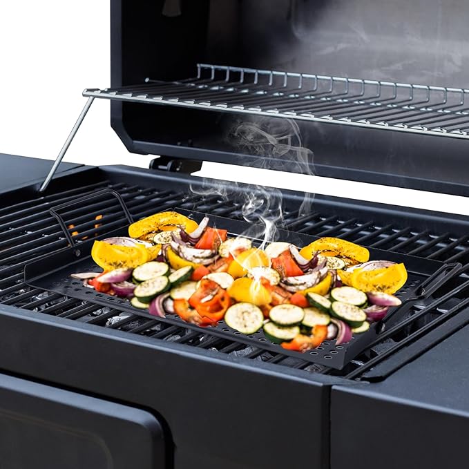 MEHE Vegetable Grill Basket,Nonstick Grilling Topper 14.6 "x11.4 Thicken Grill Pan BBQ Accessory for Grilling Veggie, Fish, Shrimp, Meat, Camping Cookware (With Hand)