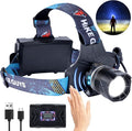 LED Rechargeable Headlamp, Headlight 1500 Lumens Super Bright with 6 Modes & IPX5 Warning Light, Motion Sensor Adjustable Headband Head Lamp, 60° Adjustable for Adult Outdoor Camping Running Cycling