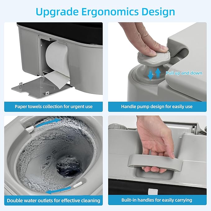 YITAHOME Portable Toilet 6.34 Gallon Camping Porta Potty with Paper and Detergent Collection Leak-Proof Outdoor RV Porta Potty, Handle Pump, Rotating Spout, for Boating, Hiking, Trips, Grey