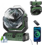 Portable Misting Camping Fan Rechargeable, 20000mAh Cordless Battery Powered Fan with LED Lantern - Rechargeable Camping Fan with Remote, 360° Pivot Hook for Outdoor, Hurricane, RV, Tent, Office