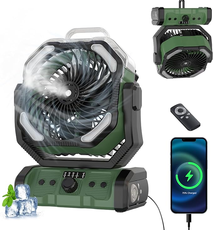 Portable Misting Camping Fan Rechargeable, 20000mAh Cordless Battery Powered Fan with LED Lantern - Rechargeable Camping Fan with Remote, 360° Pivot Hook for Outdoor, Hurricane, RV, Tent, Office