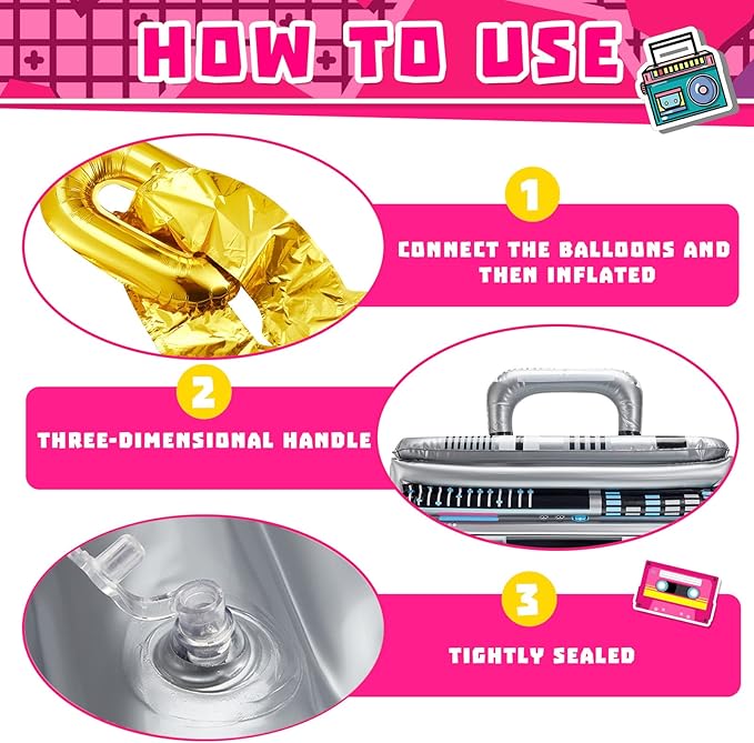 Cunhill 22 Pcs 80s 90s Party Decorations Include Inflatable Boom Box Beverage Cooler, Inflatable Mobile Phone and 20 Gold Foil Chain Balloons for Hip Hop Theme Supplies Cosplay Props