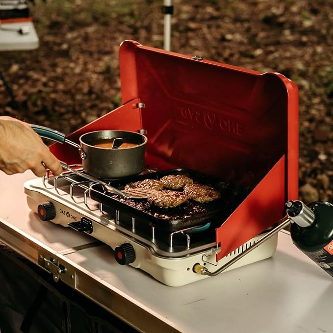 GasOne Portable Camping Stove – Double Propane Stove with Auto Twist Turn Ignition – 22,000 BTU Camping Cooktop with 2 Burners and Wind Guard – Ideal for Tailgating, Fishing, Travel, Red