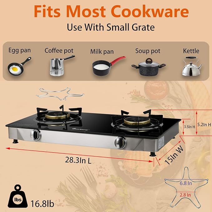 2 Burner Propane Gas Stove, 29,000 BTU High-Efficiency Auto Ignition Heavy-Duty Tempered Glass Cooktop, Includes CSA Regulator & Hose, for Outdoor Camping & Emergencies