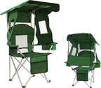 ptlsy Folding Camping Chair with Canopy, Beach Chair with Canopy Shade with Cup Holders, Cooler Bag for Camping, Fishing, Beach, Sports and Concert (Green)