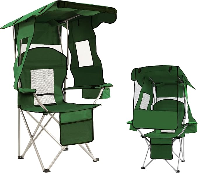 ptlsy Folding Camping Chair with Canopy, Beach Chair with Canopy Shade with Cup Holders, Cooler Bag for Camping, Fishing, Beach, Sports and Concert (Green)