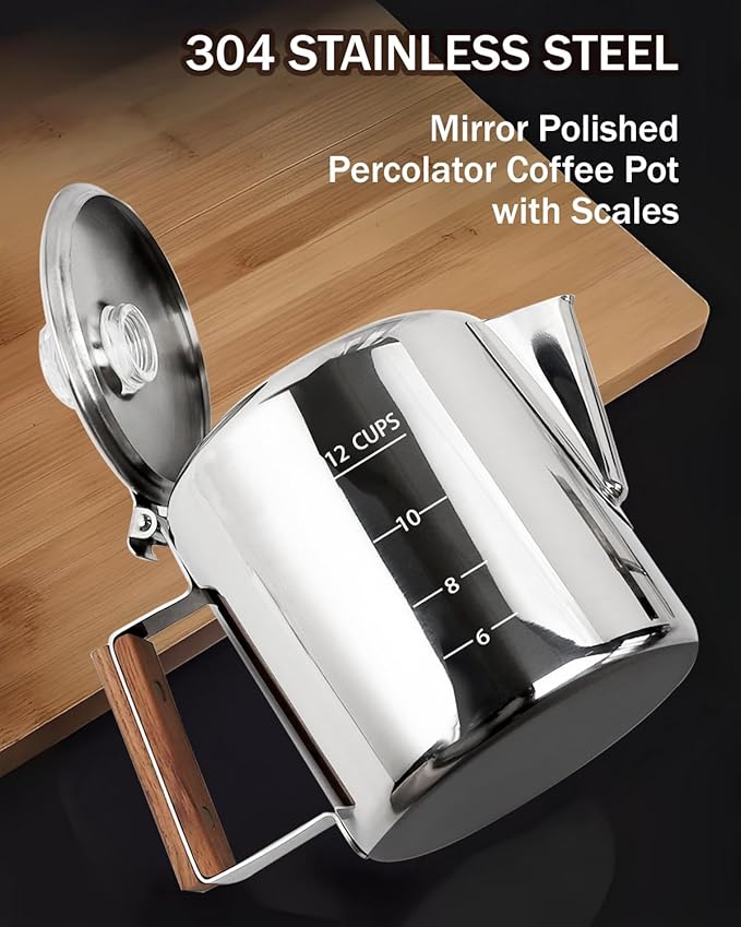 Coffee Maker Coffee Percolator 304 Stainless Steel Pot Stovetop Easy Brewing Even Heating 12 Cup 74.4oz 2200ml Silver Classic Design Heat Resistant Home Camping Outdoor