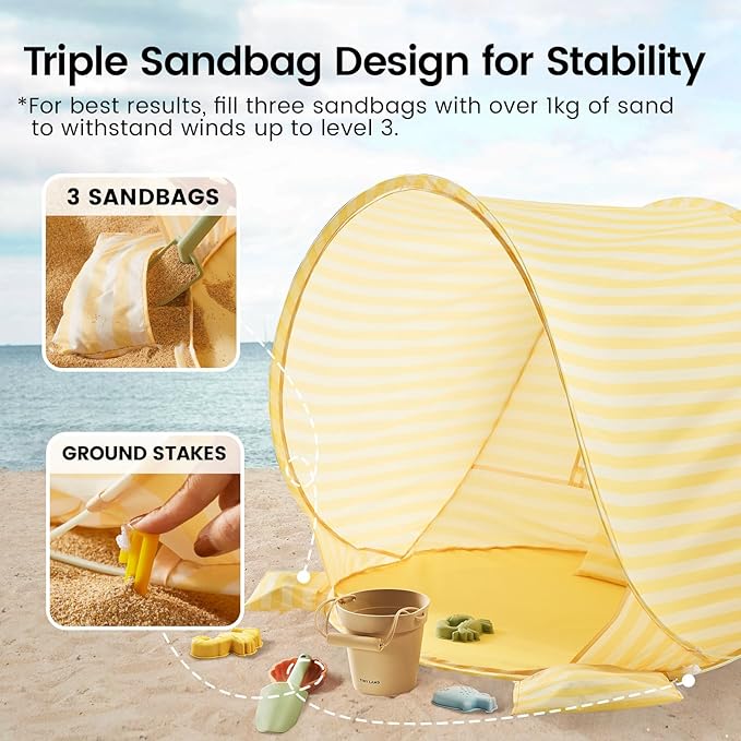 Tiny Land Baby Beach Tent – Pop Up Baby Tent with UV Protection, Portable Baby Beach Essentials, 35.4"x27.6"x31.5" Sun Shelter for Infants, Baby Summer Outdoor Use (Pastel Yellow Stripes)