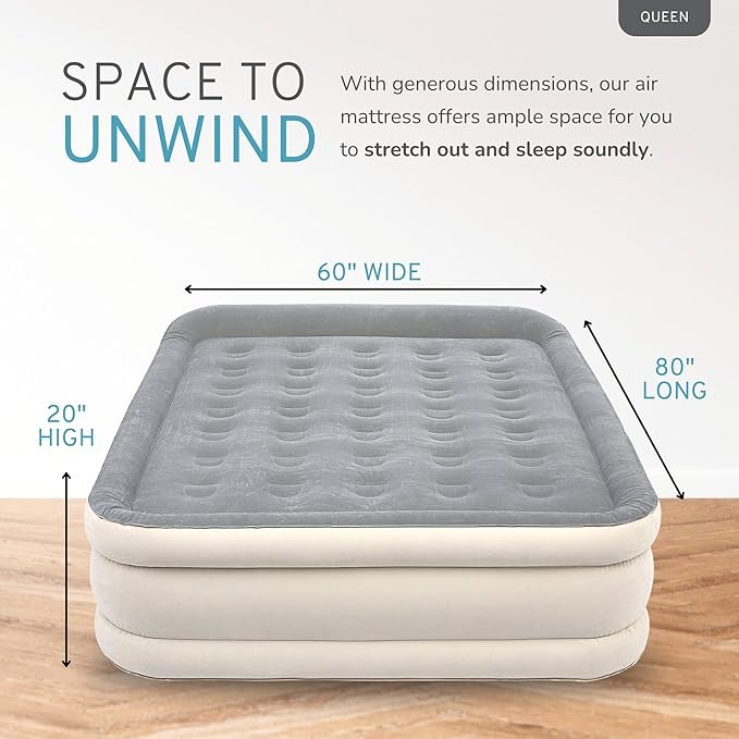 RestElevated Luxury Pillow Top Queen Size Air Mattress with Built in Pump | 20" Raised Height with Coil Beam Support | Adjustable Blow Up Air Bed | for Home, Guests and Camping [Cream with Grey Top]