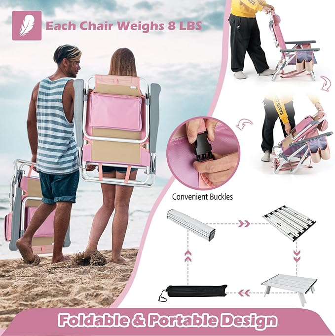 Goplus Beach Chair, Folding Backpack Beach Chairs for Adults with 5 Positions, Head Pillow, Cooler Bag, Towel Bar, Cup Holders, Sunbath Sling Tanning Lounge, Foldable Layout Camping Chairs