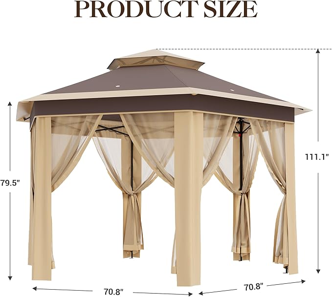 13x13 FT Pop-Up Gazebo – Double Roof, Mosquito Netting, Hexagonal Prompt Canopy Tent, UV & Rain Resistant, Adjustable Height, Portable Carry Bag for Patio, Backyard, Parties – Khaki + Beige