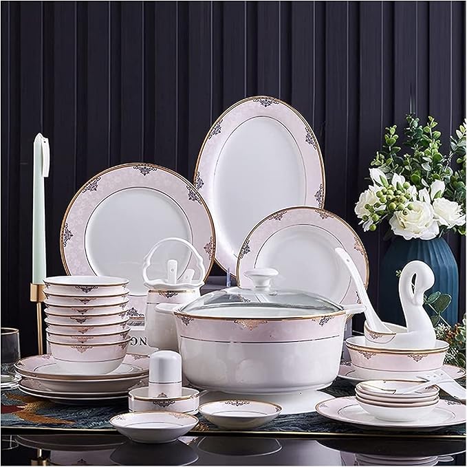 Dinnerware Sets Dish Set 60PCS Ceramic dinnerware Set Bone China Tableware Dishes Plates Ceramic Combination Dinner Service Set Porcelaine Service for 10 (60 Pieces of Open Hot Pot)