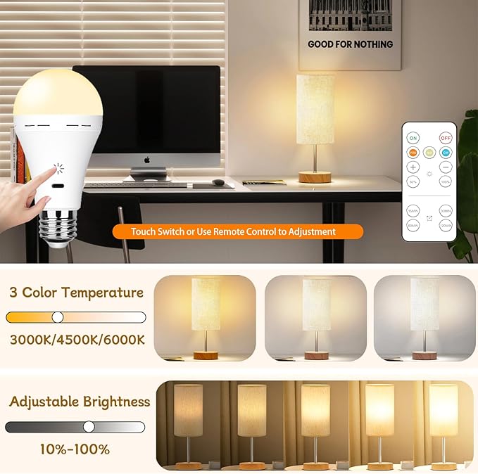 E26 Rechargeable Light Bulbs with Remote Control, 2600mAh Battery Operated Light Bulb with Hook, 3000K-6500K，40W Equivalent, 3 Timer, for Sconces Lamps Without Power, Camping, Emergency 2 Pack