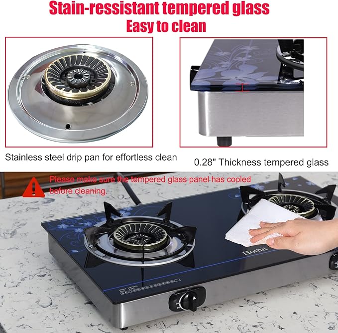 Hothit Gas Cooktop 2 Burner Outdoor Propane Stove, 28600 BTU, Portable Auto Ignition LPG Tempered Glass for camping, Courtyard Barbecue, RV Travel