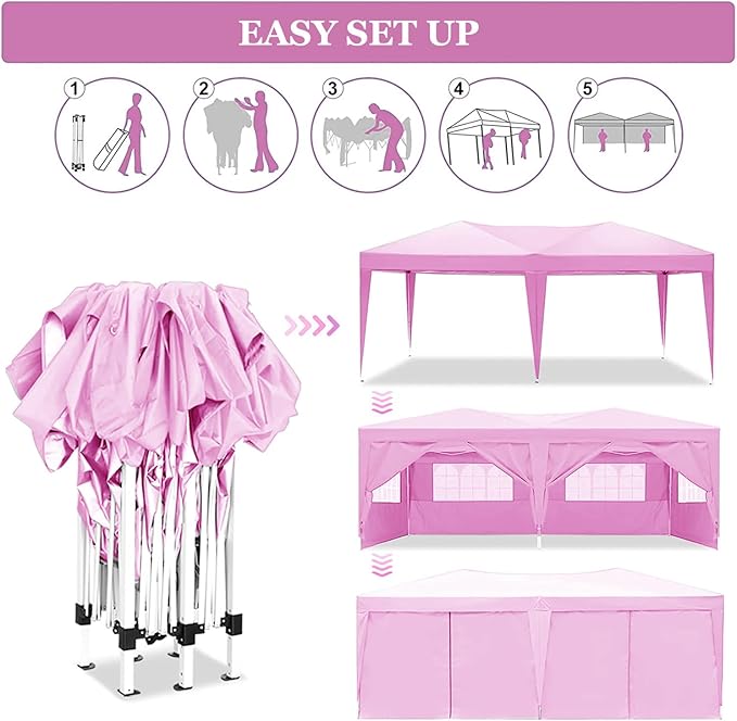 10x20 Pop Up Canopy Tent Heavy Duty with 6 Removable Sidewalls, Water Resistant, UV-Resistant, Portable Outdoor Instant Event Shelter for Parties, Weddings, Camping, Pink