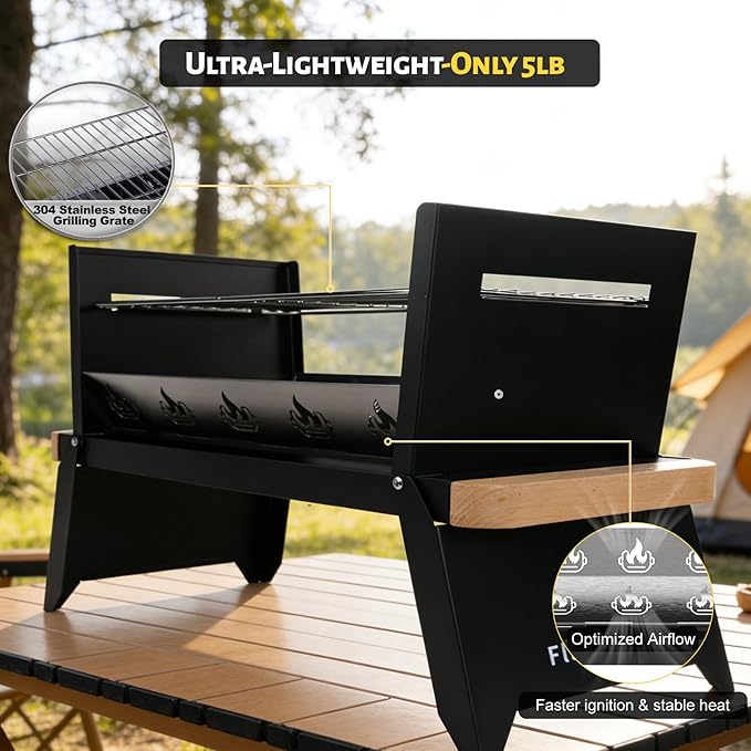 Nomad Portable Charcoal Grill – Ultra-Slim Folding BBQ for Outdoor Cooking, Camping & Travel | 304 Stainless Steel, Heat-Resistant Wood Handles, Quick Setup