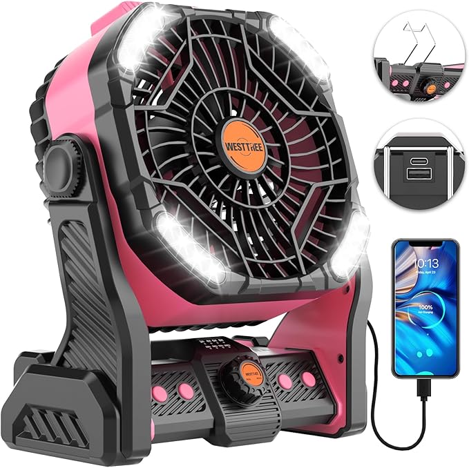 20000mAh Battery powered fan Camping essentials,Portable fan Battery Operated Rechargeable Tent Fan with Light & Hook X26A Pink