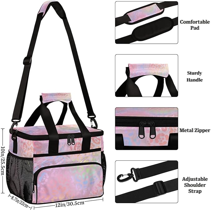 Soft Cooler Bag Colorful Leopard Print Insulated Lunch Box for Men & Women, Large Leakproof Lunch Bag Portable Beach Cooler for Work, Picnic, Road Trips,Fishing, Travel, Camping