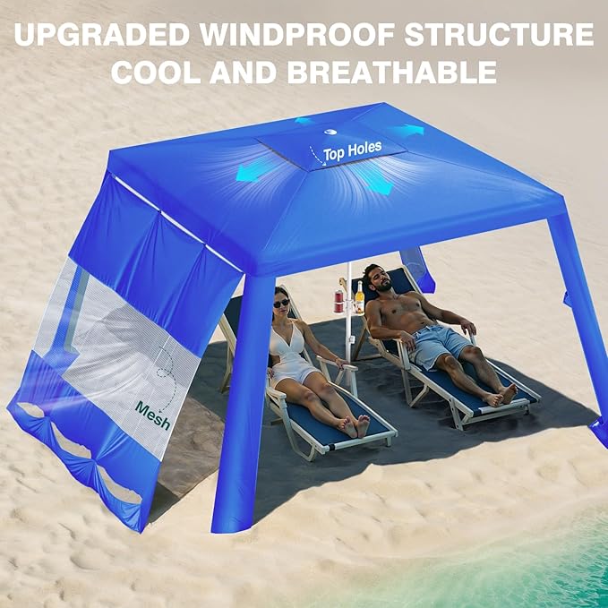 Rhino Valley Beach Cabana, 8*8FT Beach Tent UPF50+ Protection, Easy Setup Beach Canopy Wind Resistant with Cup Holder,Compact Beach Shade Foldable Beach Tent Sun Shelter for Whole Family Friend,Indigo