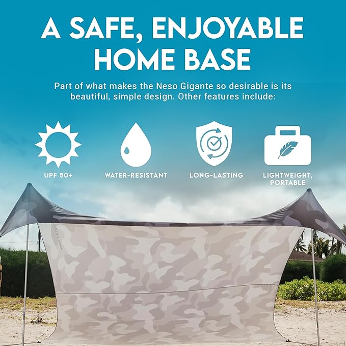 Neso Gigante Portable Beach Tent Sun Shelter - Lightweight Beach Shade Canopy - Easy Setup for Family Outings - Patented Reinforced Corners - UPF 50+ Sun Protection - 8ft Tall, 11 x 11ft - Grey Camo