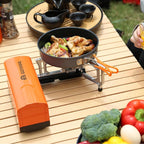 INFOOD Portable Butane Gas Camping Stove - 7500 BTU Compact Folding Design with Carry Bag for Backpacking, RV Trips, Picnic & Outdoor Indoor Cooking, Orange
