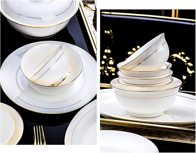 56 Pieces Dinner Set, White Porcelain Bone China Combi-Set Tableware Set with Cereal Bowl Bowls Dessert Plates Soup Plates Dinner Plates with Gold Rim Service for 10 People