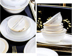 56 Pieces Dinner Set, White Porcelain Bone China Combi-Set Tableware Set with Cereal Bowl Bowls Dessert Plates Soup Plates Dinner Plates with Gold Rim Service for 10 People