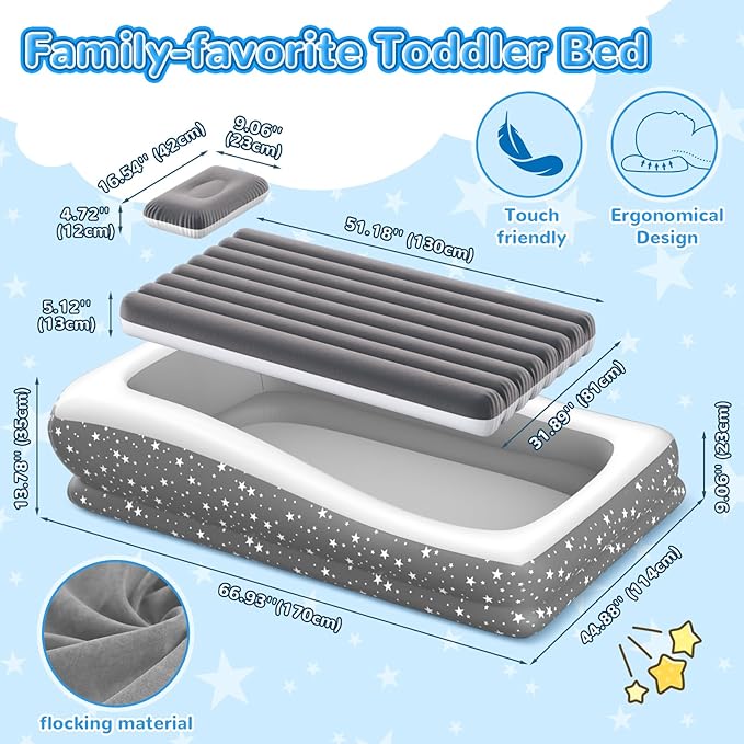 Inflatable Toddler Travel Bed - 67'' Large Size Safety Kids Air Mattress with 4 Sides - Portable Camping Bed for Outdoor Sleepovers, Easy to Inflate & Deflate with Storage Bag & Pump, Grey