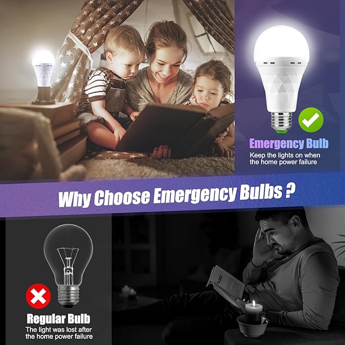 Emergency Rechargeable Light Bulbs, Stay Lights Up When Power Failure, 1500mAh 12W 60W Equivalent LED Light Bulbs for Home, Camping, Hiking ((with Hook,with Plug Cap,with socket adapter) 6 Pack