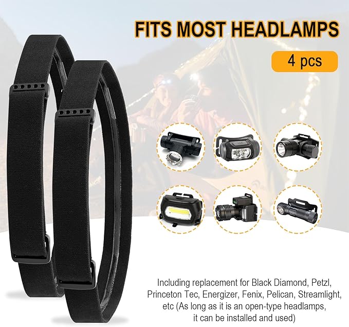 4 Pack Headlamp Strap Replacement Headband, Elastic Headlight Strap Replacement for Black Diamond, Petzl, Energizer, Pelican, Fenix Headlamps 1”, Adjustable Width Comfortable Band (Silicone Anti-Slip)