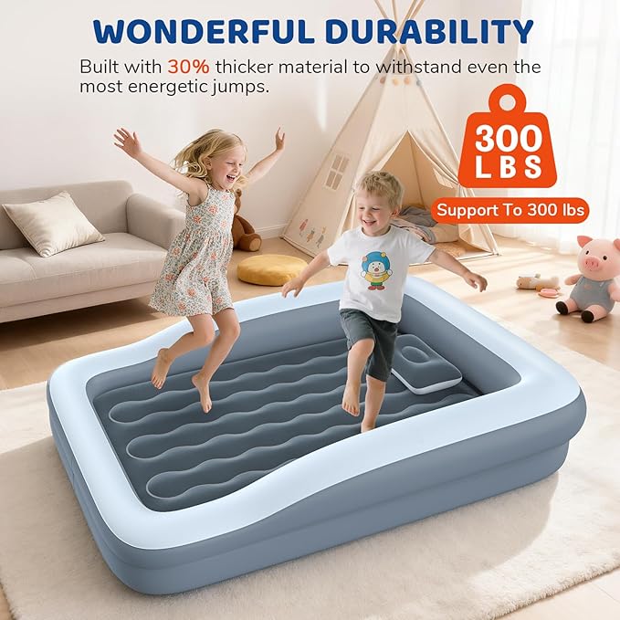 Inflatable Toddler Travel Bed - 64 Inches Grey Kids Air Mattress with Safety Sides & Fast Electric Pump - Portable Toddler Bed for Travel & Camping & Sleeping with Carry Bag