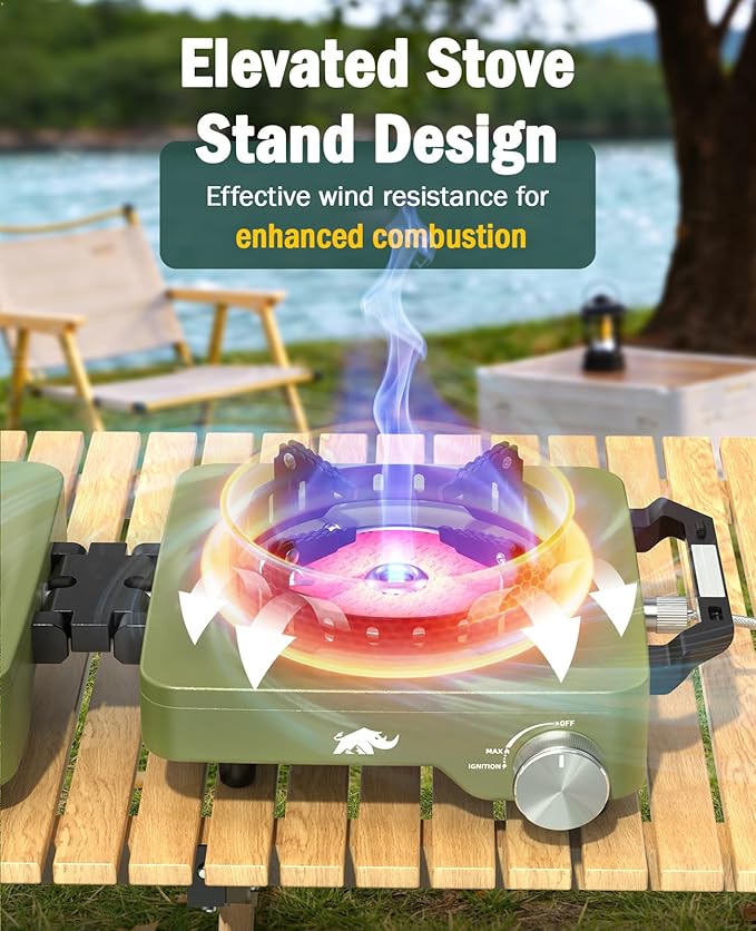 2 Propane Burners Camping Stove, 30,000 BTU Folding Camp Stove with Windproof Grates and Frying Pan, Portable Camping Stoves with Carrying Bag, Camping Essentials for Tailgating/Grilling/Coffee, Green