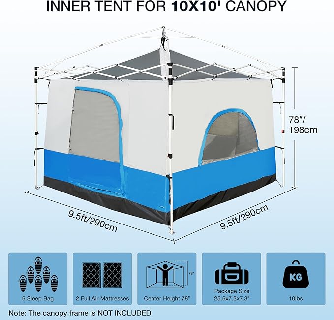 REDCAMP Canopy Camping Tent for Pop Up Canopy Tent, Inner Tent Converts Straight Leg 10'x10' or 10'x20' Canopy into Camping Tent, Fits 4-6 Person(Frame/Shelter NOT Included)