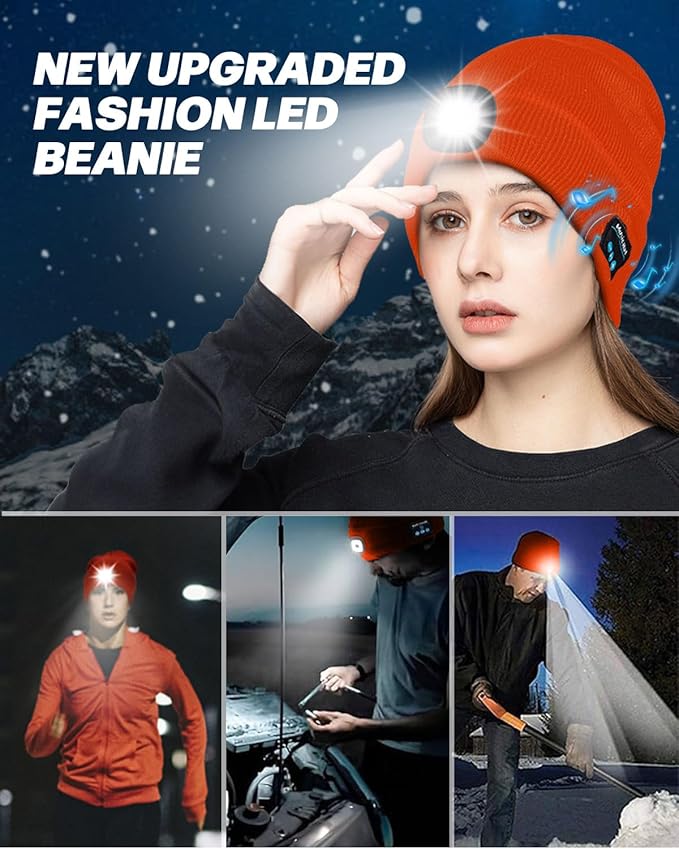 Bluetooth Beanie with Light, USB Rechargeable LED Headlamp Winter Hat, Men Women Valentine's Day Gifts