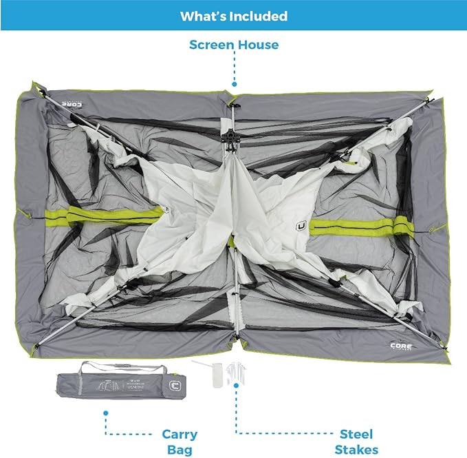 CORE 12'x10' Instant Screen House | Folding and Portable Large Pop Up Canopy Shelter with Included Carry Bag | Perfect for Family Camping, Outdoor, Picnic, Backyards, BBQ, Tailgate, Patio and Party