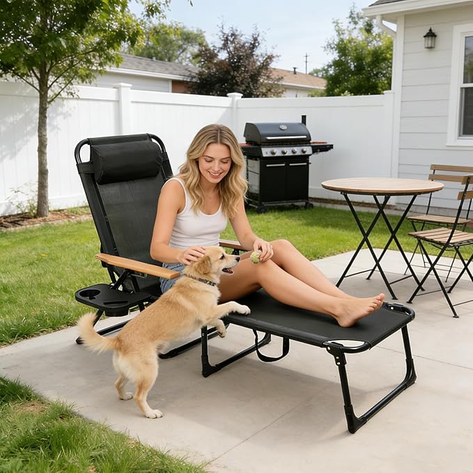 Folding Outdoor Chaise Lounge Chair, Portable Camping Cot with Headrest, 4 Position Beach Lounge with Cup Holders & Wooden Armrests, Sun Tanning Chair for Patio Pool Lawn, Supports 350lbs (Black)