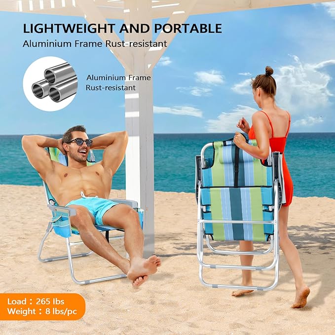 VINGLI Tall Beach Chair 1 Pack, with 5-Position, Cooler Bag, Cup Holders, Towel Bar, Lightweight Folding Beach Camping Chairs for Adults