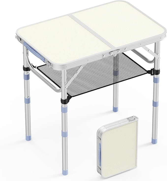VINGLI Small Folding Table Portable 2FT Aluminum Foldable Camping Table for Picnic Card Table with 3 Adjustable Height & Carry Handle for Outdoor Indoor Hiking Camp BBQ Beach-White