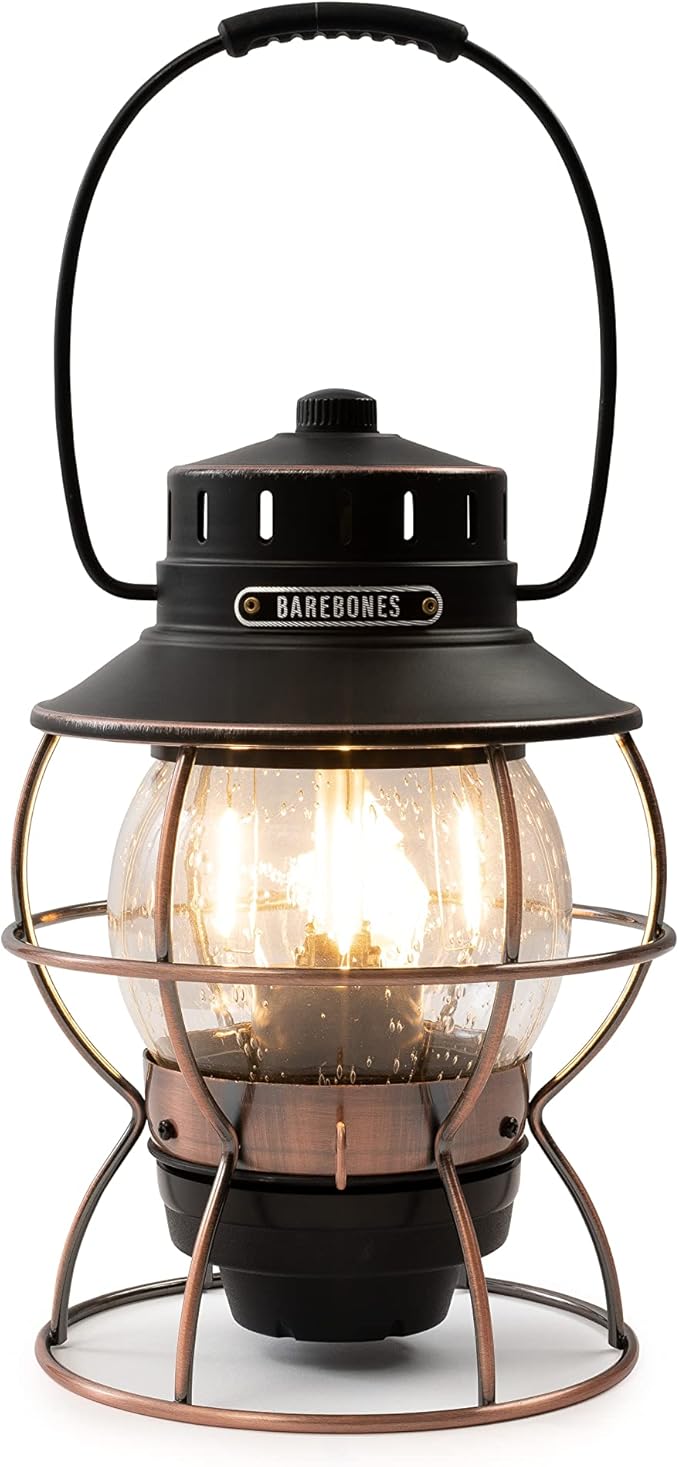 Barebones Railroad Lantern – Antique Bronze, Vintage-Inspired LED Camping Lantern with Rechargeable Battery – Adjustable Brightness Outdoor Light for Camping Gear, Backyard, and Home Decor