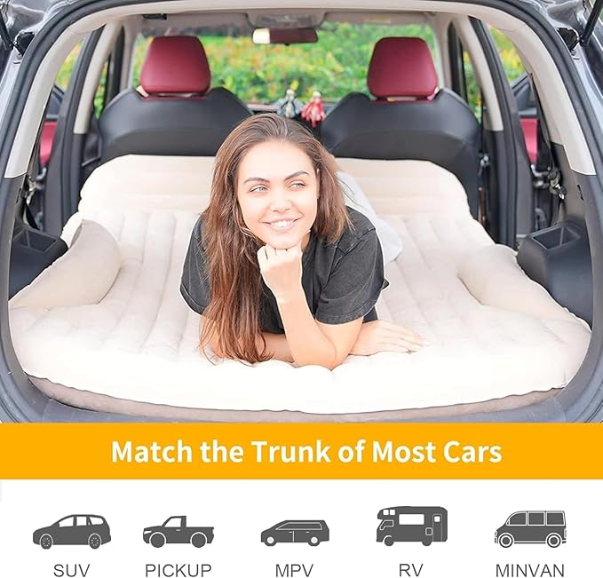 KMZ SUV Air Mattress Thickened and Double-Sided Flocking Travel Camping Bed with 2 Pillows & Electric Pump Dedicated Mobile Cushion Inflatable Bed for SUV Trunk and Rear Seat (Beige and Coffee)