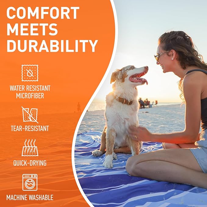 Everlasting Comfort Large Beach Blanket Waterproof & Sandproof - 128” x 108” /10.7ft x 9ft - Lightweight Picnic Mat, Camping Necessities for 10 People - Accessories for Outdoor Festivals - Blue
