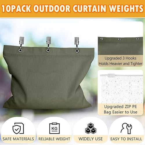 10 Set Outdoor Curtain Weights Upgraded 30 oz High Weighted Sand Bags with 30 Metal Clips for Gazebo Patio Tent Tablecloth 7.5"*8.7" Green