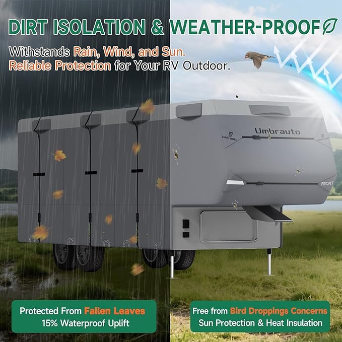 Umbrauto 5th Wheel RV Cover 31-34ft, 7 Layers Top Extra-Thick Fifth Wheel Cover, Waterproof Windproof Anti-UV Rip-Stop Toy Hauler Camper Cover with 2 Pcs Extra Straps, 6 Gutter Covers