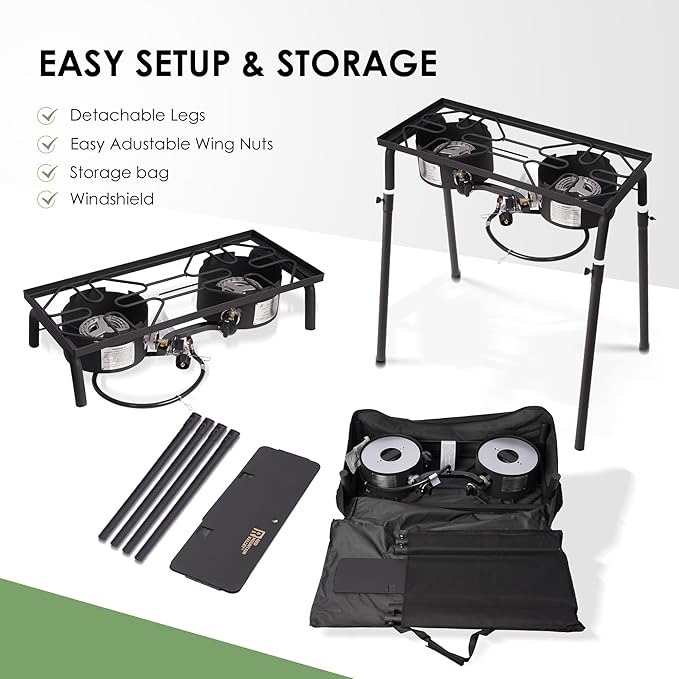 Red Mountain Valley Two Burner Outdoor Portable Camping Gas Stove with Removable Legs, Carrying Bag and Windshield, Camping Stove Propane for Cooking, CSA Certified, Outdoor Propane Burner