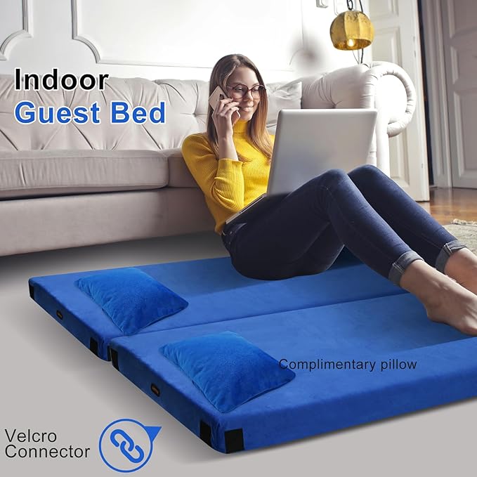 Memory Foam Camping Mattress pad, Sleeping Mat for Adults with Non-Slip Bottom, Portable Roll Up Mattress, Cot Pad for Car Camping(Twin XL, Blue)