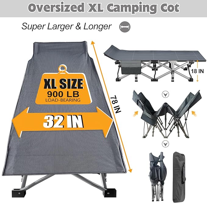 ABORON XXL Camping Cot for Adults, Oversized 78"×32" Folding Camping Bed, 900LBS Heavy Duty Outdoor Sleeping Cot with Mattress Pad, 1200D Oxford, Portable with Carry Bag