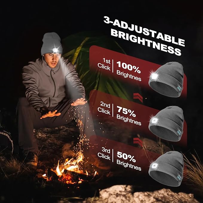 Gifts for Men, Rechargeable Bluetooth Music Unisex Beanie Hat with Light, Valentines Day Gifts for Him, Birthday Gifts for Men, Women, Grey