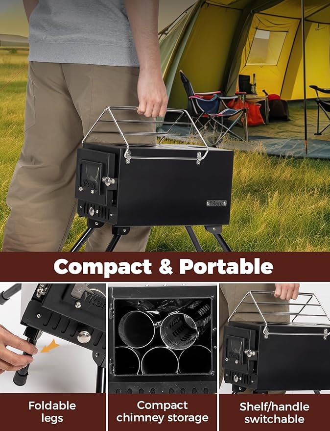 Upgraded Hot Tent Stove – High-Temperature Wood Burning with 7-Section Roll-Edge Chimney, Reinforced Door Frame, Airtight Body & Tempered Glass – Portable for Camping, Ice Fishing, Hunting