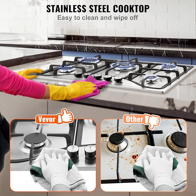 VEVOR 30-inch Gas Cooktop, 5 Burners Built-in Gas Stove Top, Max 12250BTU NG/LPG Convertible Stainless Steel Cooktops, with Thermocouple Protection for Camping, RV, Apartment