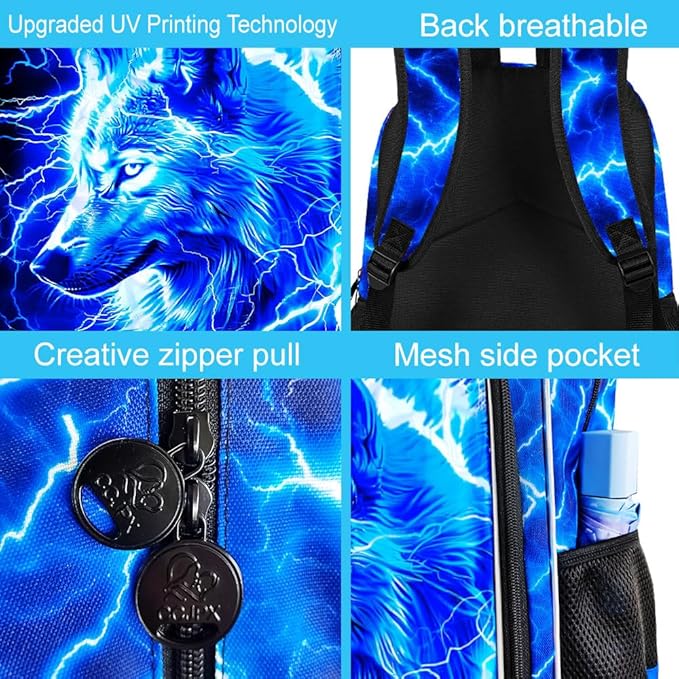 3Pcs Wolf Backpack for Boy, 17" Lightning Bookbag for Elementary Preschool Kindergarten, Kids School Backpacks with Lunch Box (Blue)